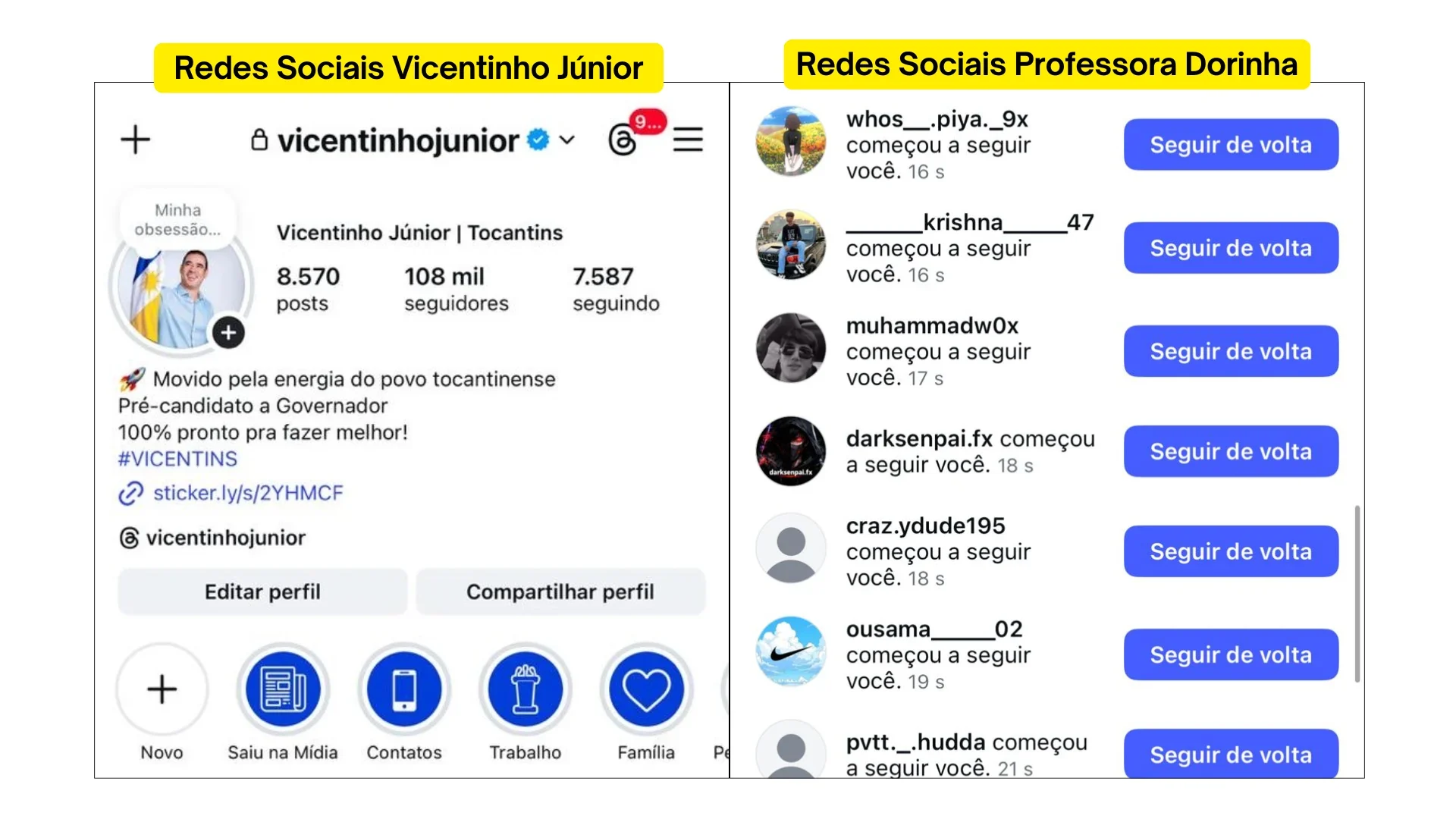 Vicentinho e Dorinha denunciam ação de perfis automatizados no Instagram